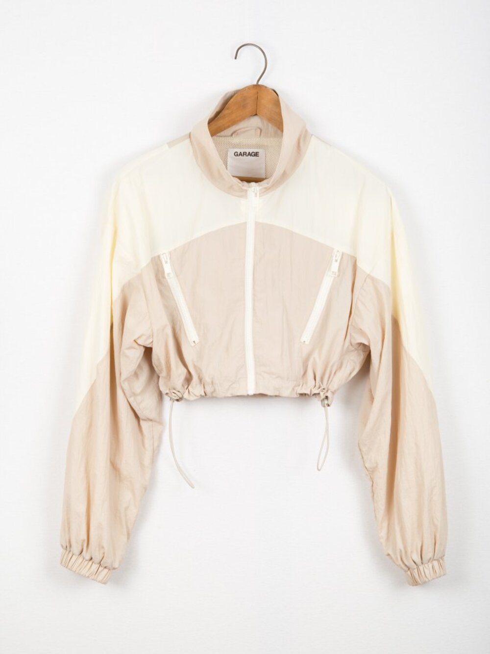 Garage Colorblock Cropped Windbreaker Nylon Parachute Fabric Jacket Beige - S